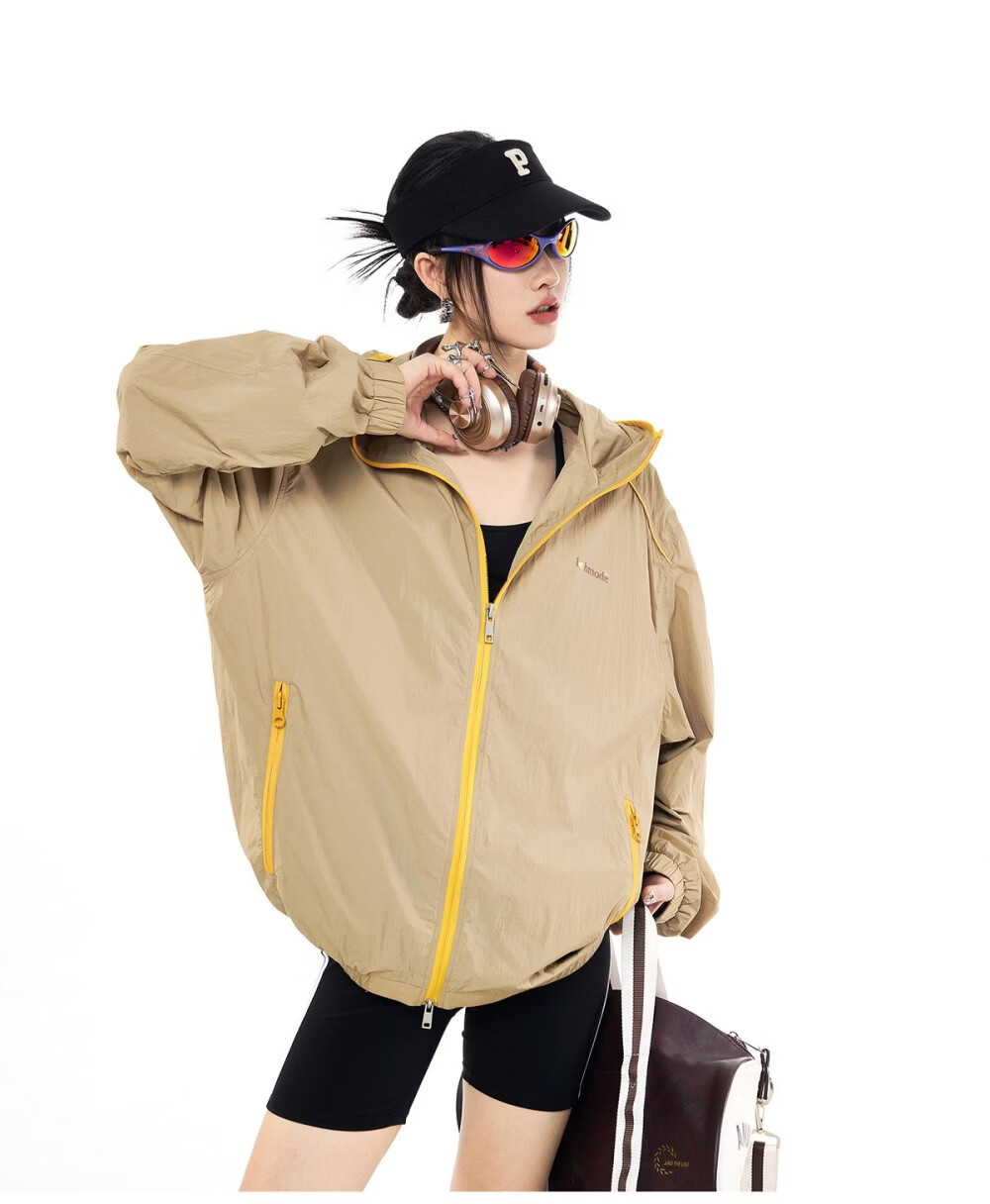 ICH MODE Colorblock Physical Sunscreen Jacket Women Spring Summer New Hooded UV Protection Coat Light Blue M 29