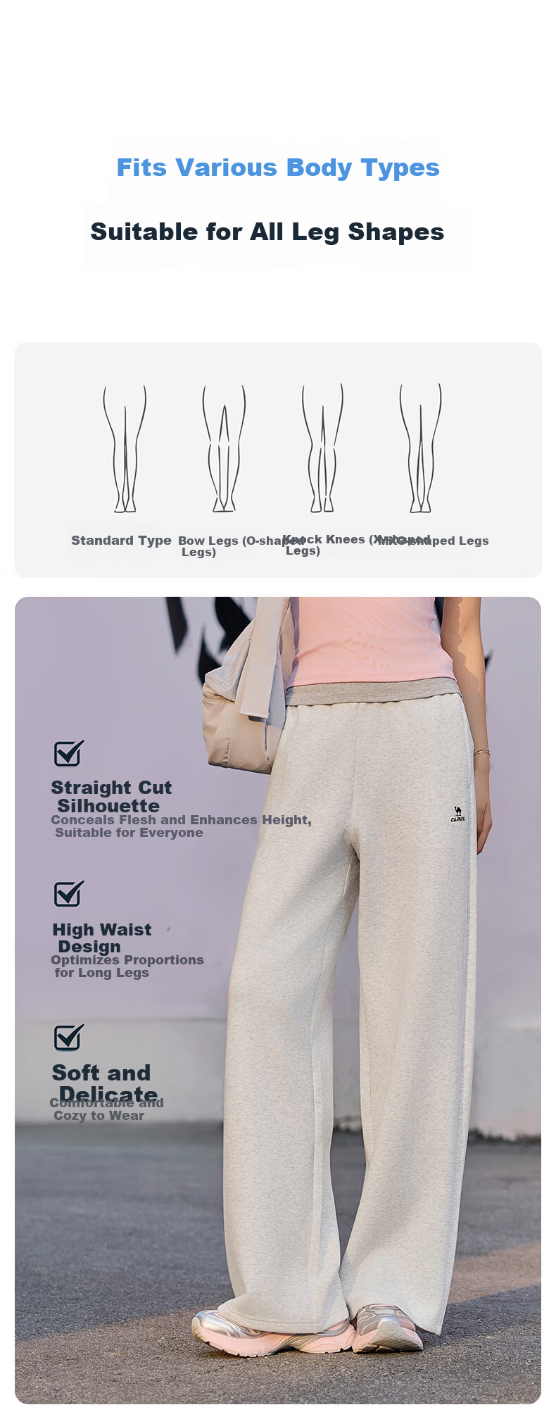 CAMEL Women's Roaming Sports Cotton-Feel Loose Wide-Leg Casual Pants C26BAVL6006 Light Heather Gray XL 3