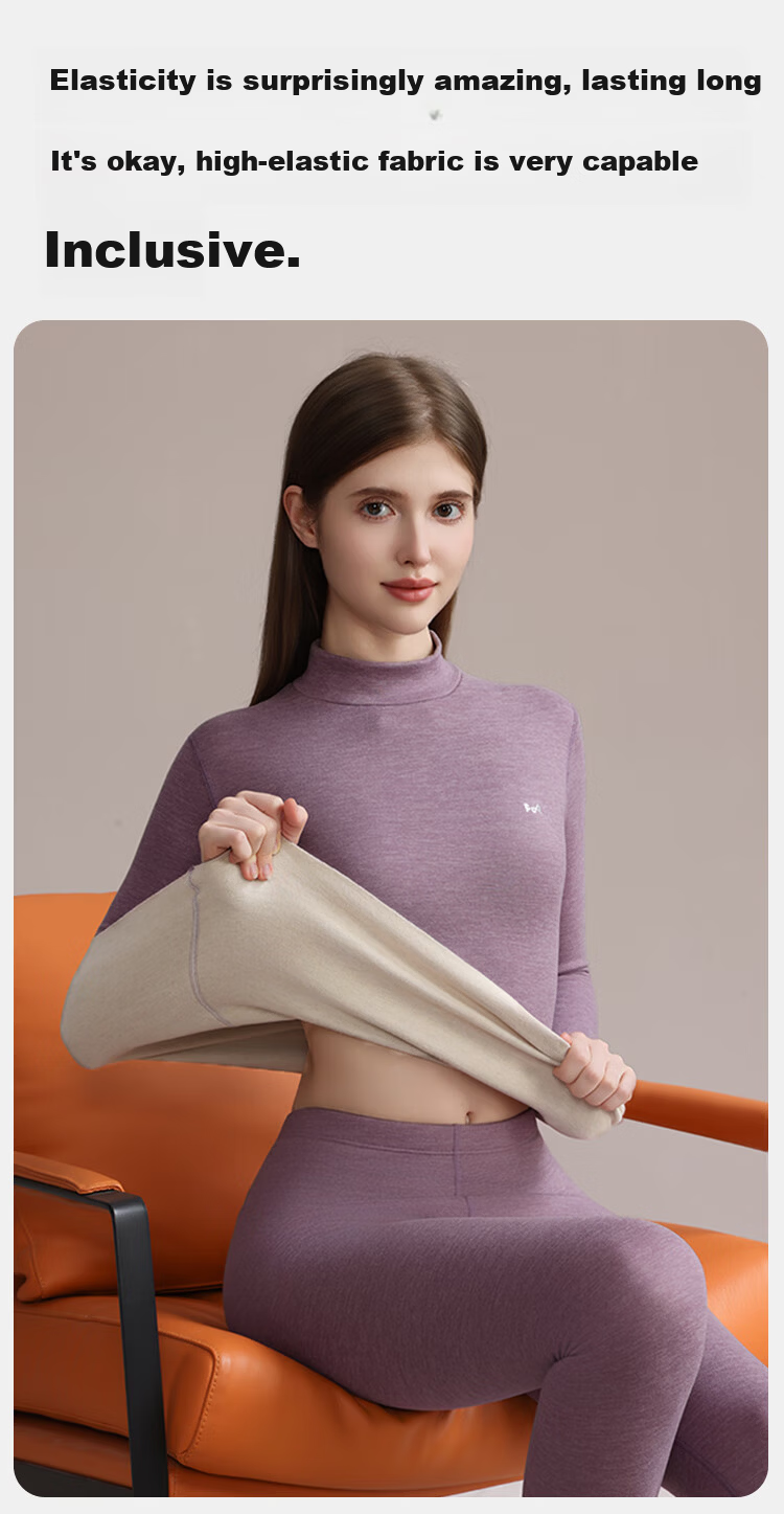 MiiOW [Wool Silk Mid-Neck] Women's Thermal Underwear Set, Fleece-Lined Thick Autumn Top And Bottom Base Layer Warm Set 9