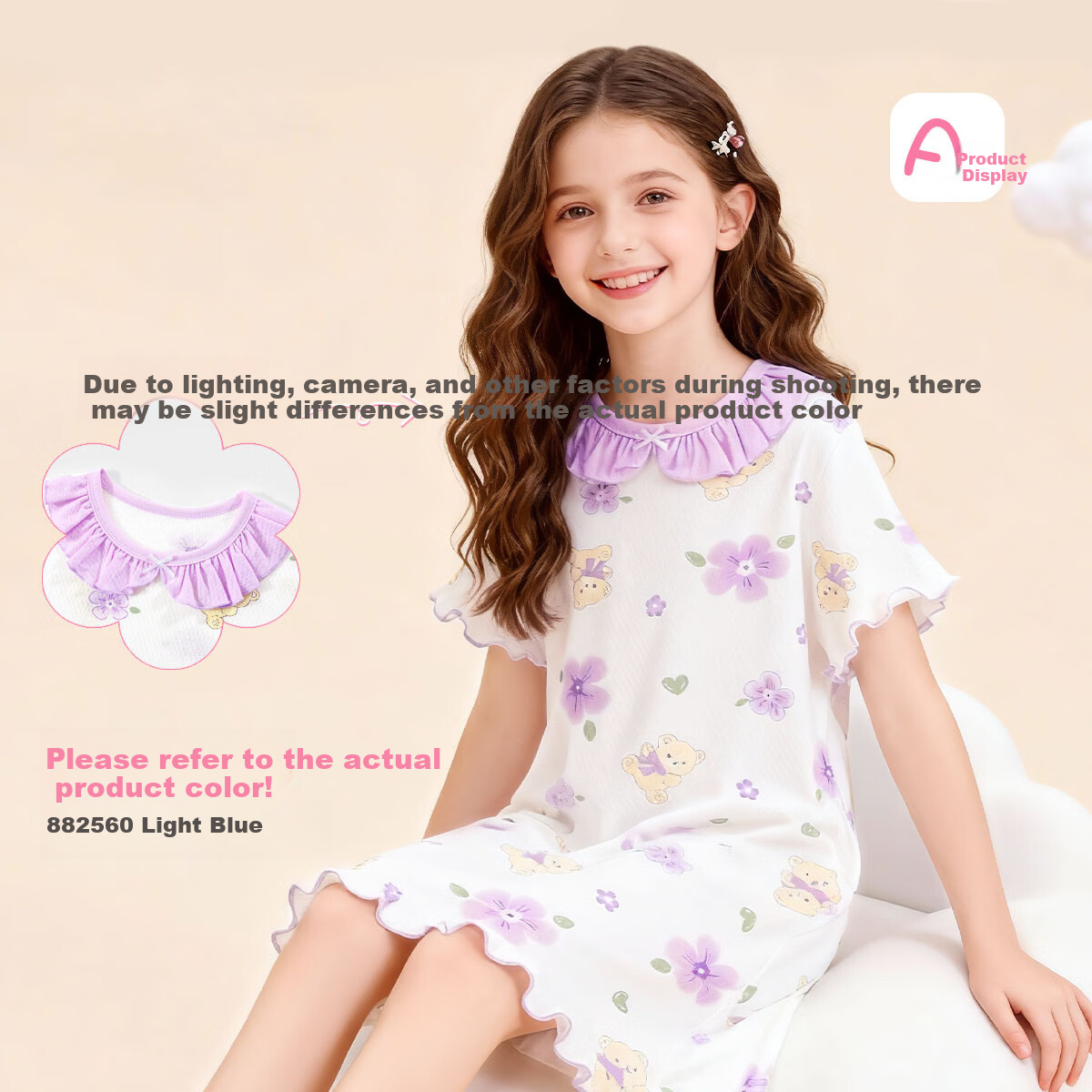Deesha 100% Cotton Class A Children's Summer Thin Short Sleeve Nightdress for Girls Baby Homewear