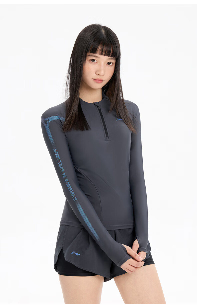 LI-NING Women's Premium 2026 New Split Long Sleeve Boxer Two-Piece Swimsuit Set Swimming Gear 1521 Black XL 16