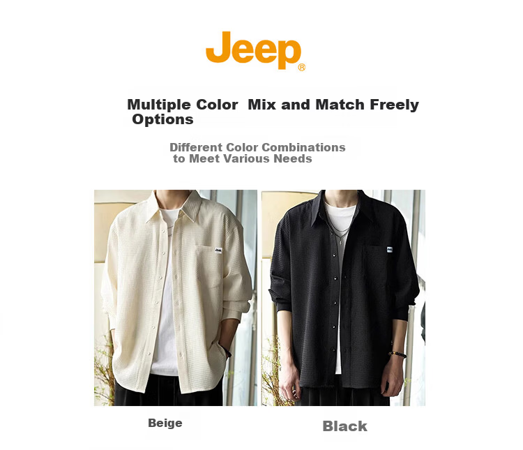 JEEP Men's Long Sleeve Waffle Shirt Casual Loose Fit Jacket Spring Autumn Beige M 2