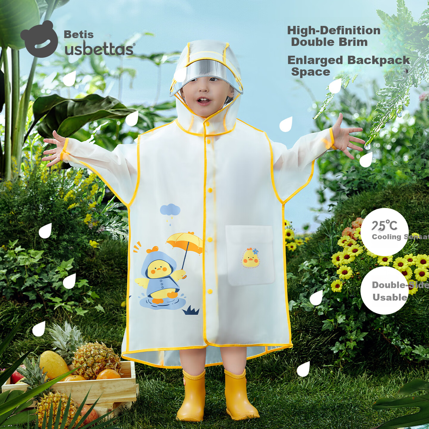 Betis Kids Raincoat Boys Girls Waterproof Rainwear Kindergarten Primary School Student Rain Poncho