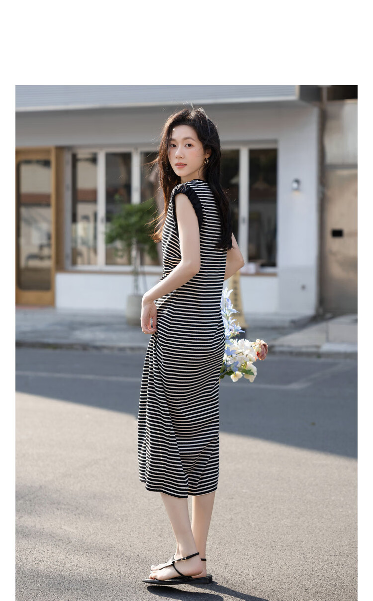 Demana Vintage Overture Summer Lightweight Professional Round Neck Striped Slit Pleated Patchwork Slim Dress for Women Premium Feel 7