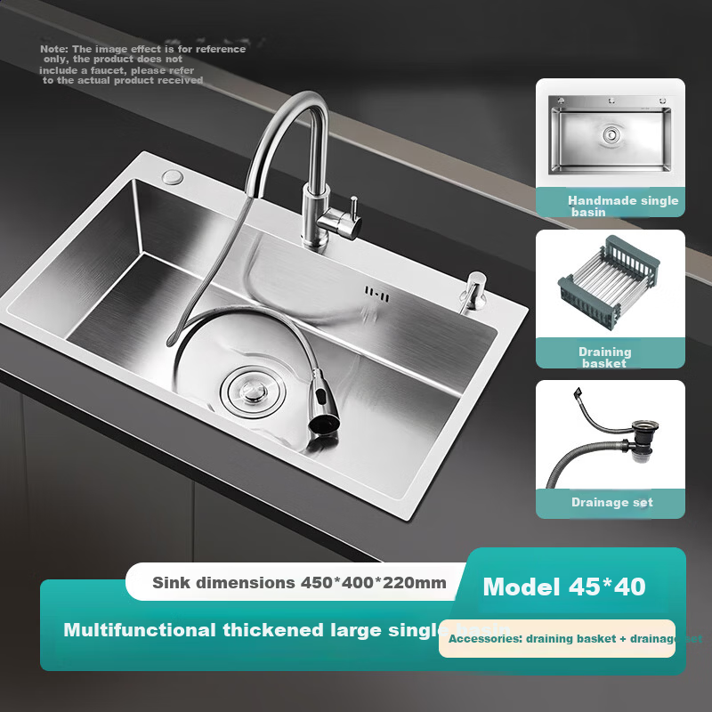 Leland Kitchen Sink Handmade Thickened 50x40cm with Draining Basket and Drain Black King Kong C1089