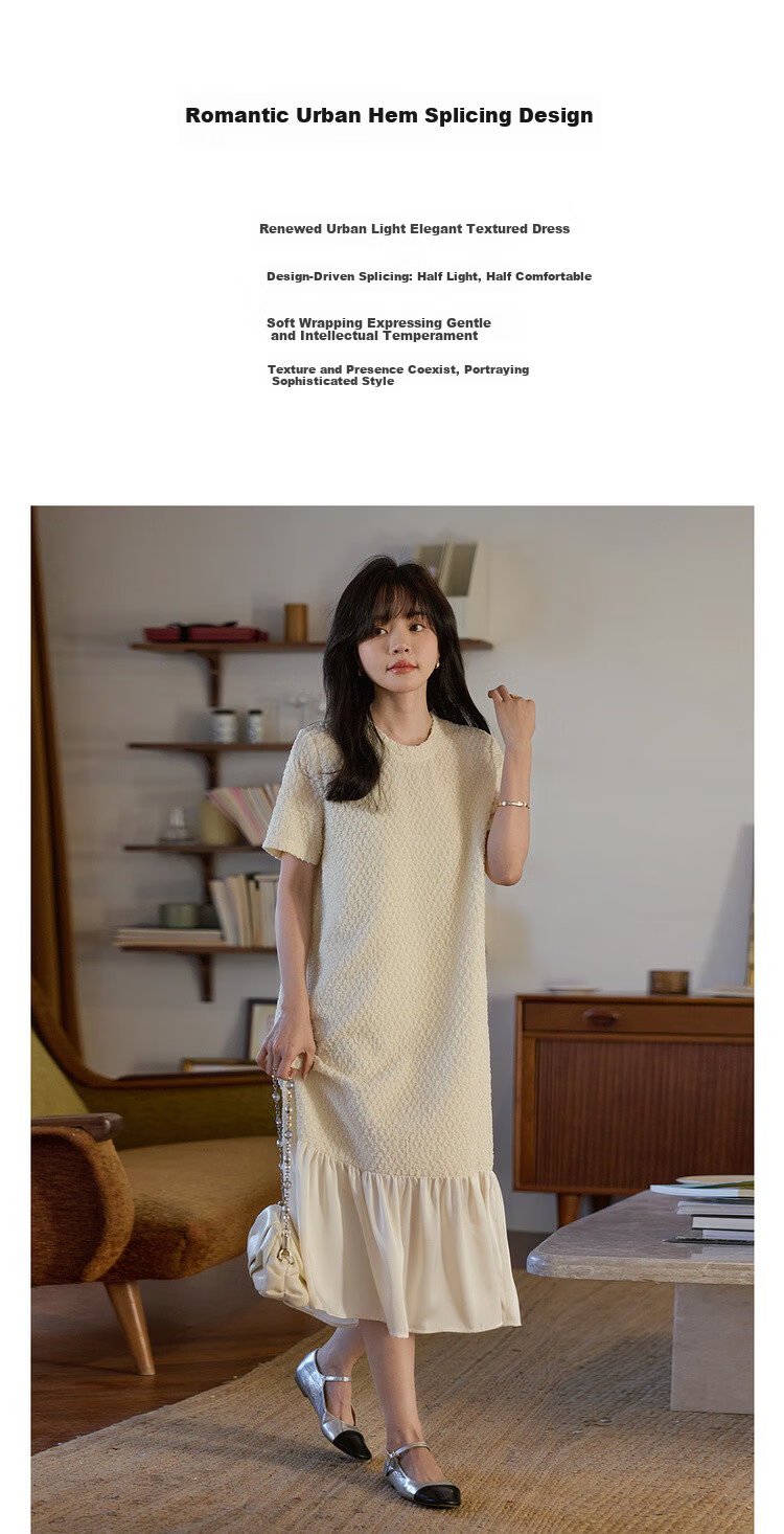 MT Oil Painting Gardenia Spring Gentle Wrinkle Texture Satin Patchwork Slimming Short Sleeve Mid-Length Dress for Women 1