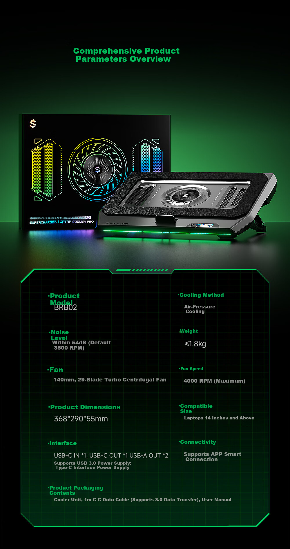 Black Shark Fengshen Pro Laptop Cooling Fan Temperature Control Low Noise Gaming Laptop Cooler Stand Compatible with Lenovo Asus Tianxuan 6 Dell Alienware Savior 15