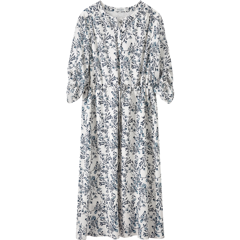 Sentubila New Chinese-Style National Style Dress, Summer Wear, Blue And White Porcelain Print, Elegant Waist-Cinching Slimming Dress, White with Blue Flowers, Size L