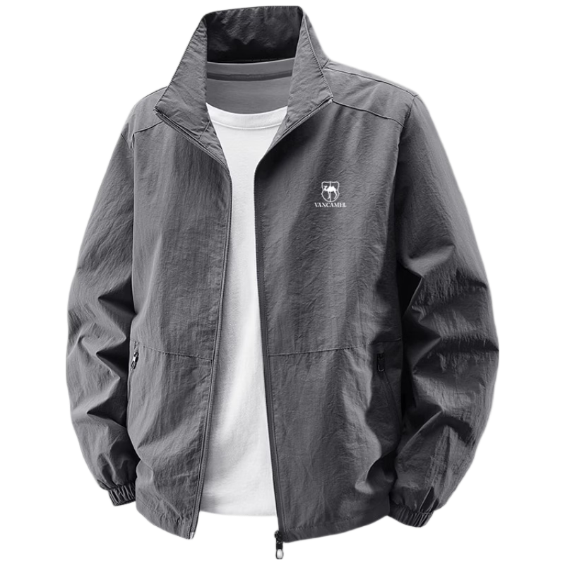 VANCAMEL Men's Jacket Spring Autumn Outdoor Casual Business Stand Collar Sports Loose Fit Mid-Young Coat Dark Gray 3XL