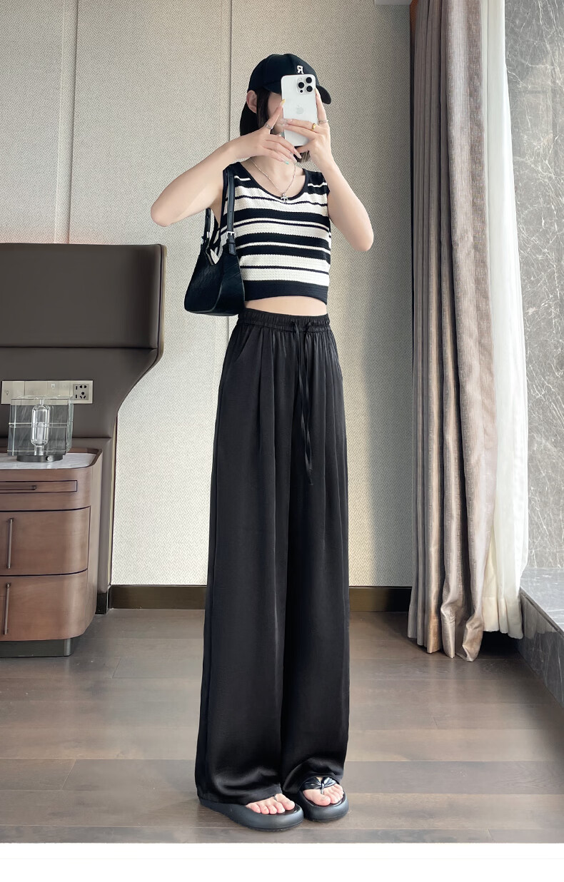 Xueqiman Acetate Satin Chinese Style Wide-Leg Pants 2026 Women's New Cool Draped Slim Casual Trousers 28