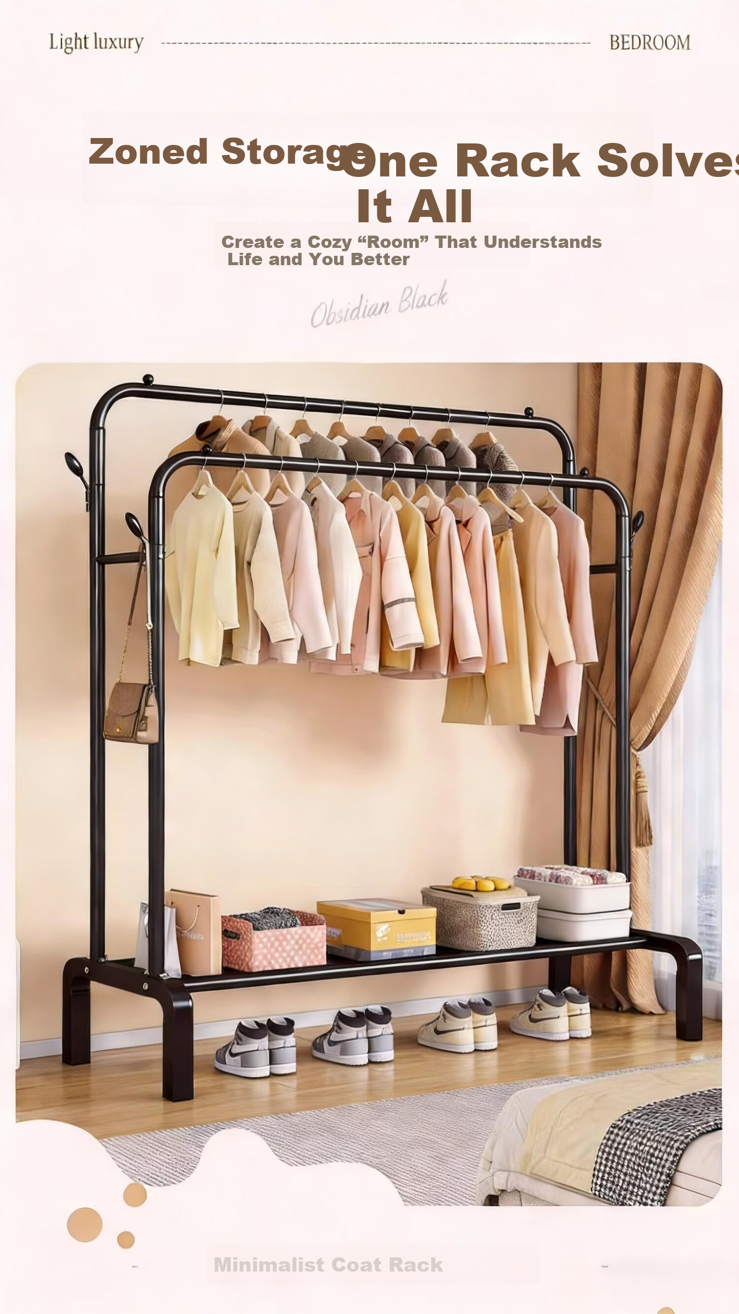 Jiajieshi Floor Standing Coat Rack Bedroom Dedicated Clothes Hanger Dormitory Storage Thickened Double Rod Clothes Drying Rack 1.1m Black 2