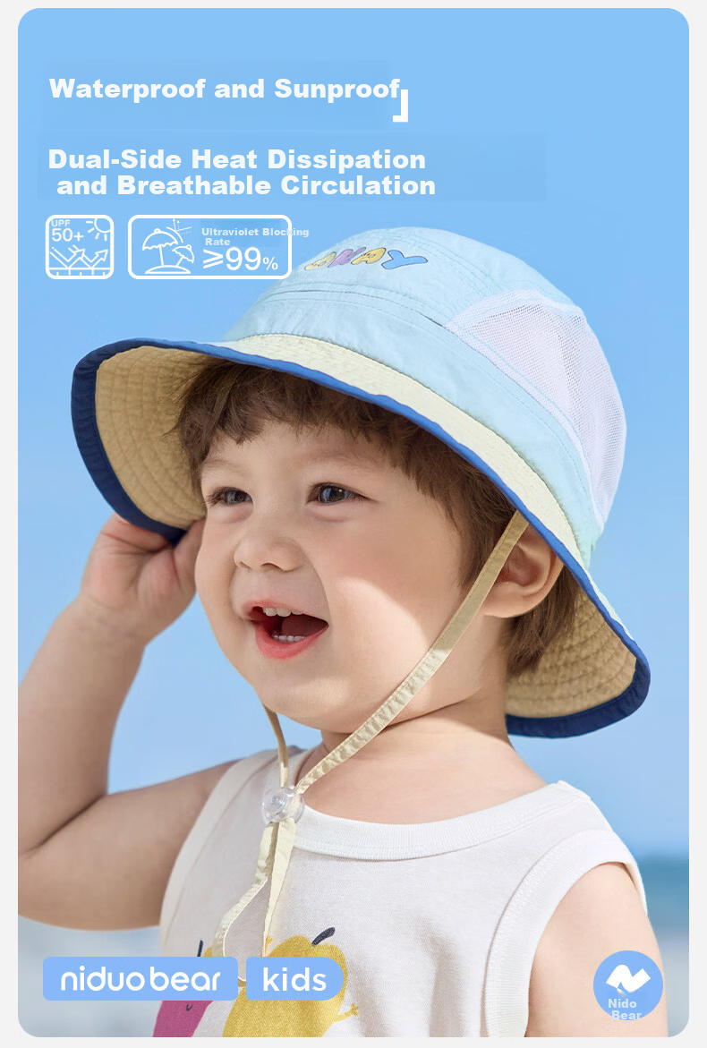 Niduoxiong Children's Sun Protection Hat, UV-Resistant Baby Sun Visor, Water-Repellent Summer Breathable Mesh Fisherman Hat for Boys And Girls 2