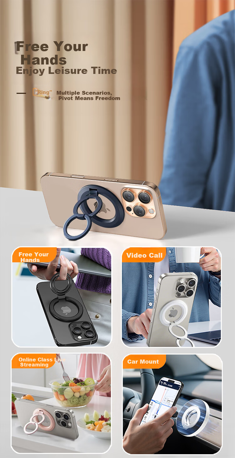 BZBC Dual-Ring Magnetic Car Mount Phone Holder Double-Sided Magnetic MagSafe 360° Rotating Ring Grip Adhesive Fixator 6