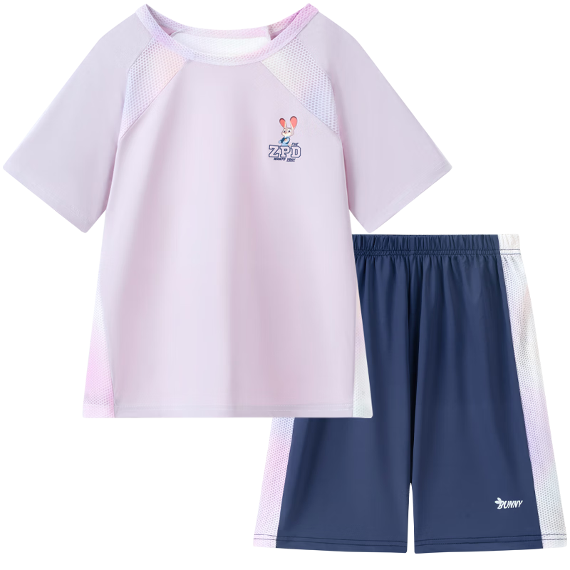 Disney Girls' Short Sleeve Sports Set Zootopia Ice Silk Sun Protection T-Shirt Children's Quick-Dry Short Sleeve Set Purple 150