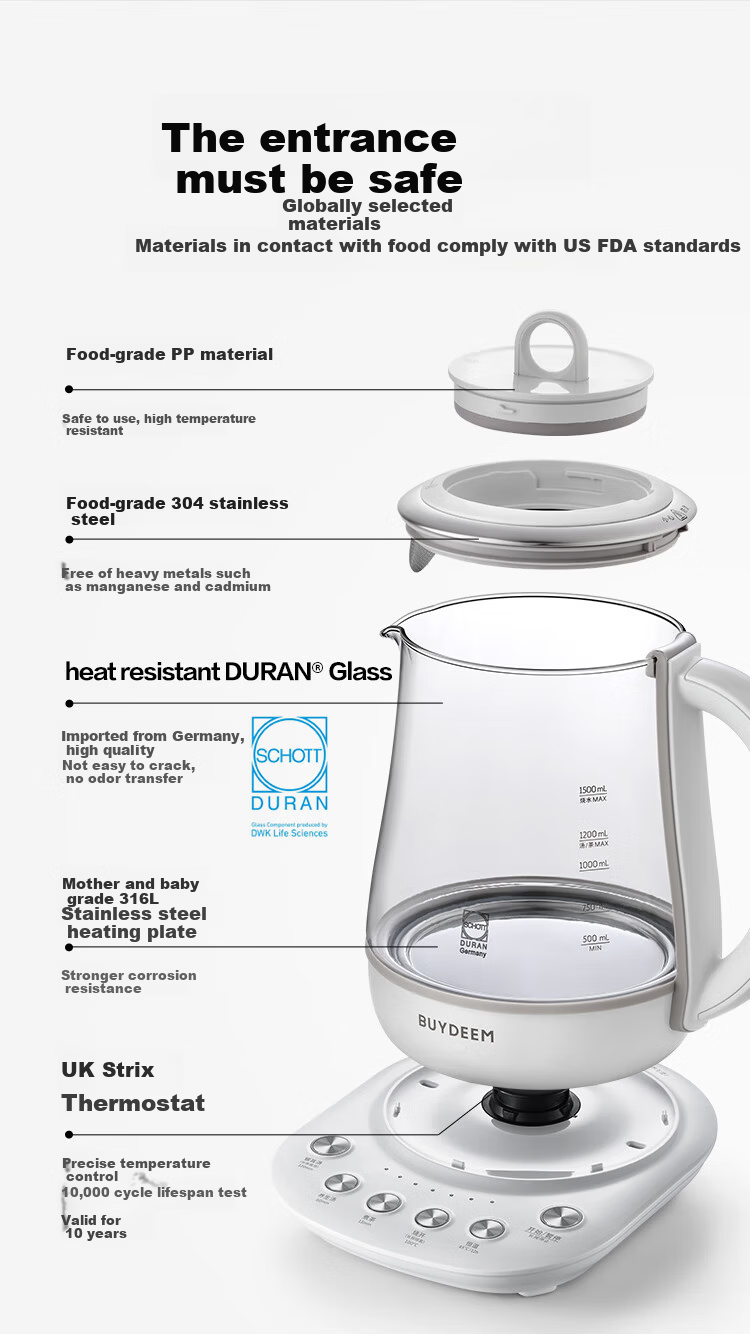 Beiding [Glue-Free] Health Pot Herbal Multi-Functional Thermostatic Mini Glass Tea Kettle Water Boiler 1.5L K123 Pig Pink 3