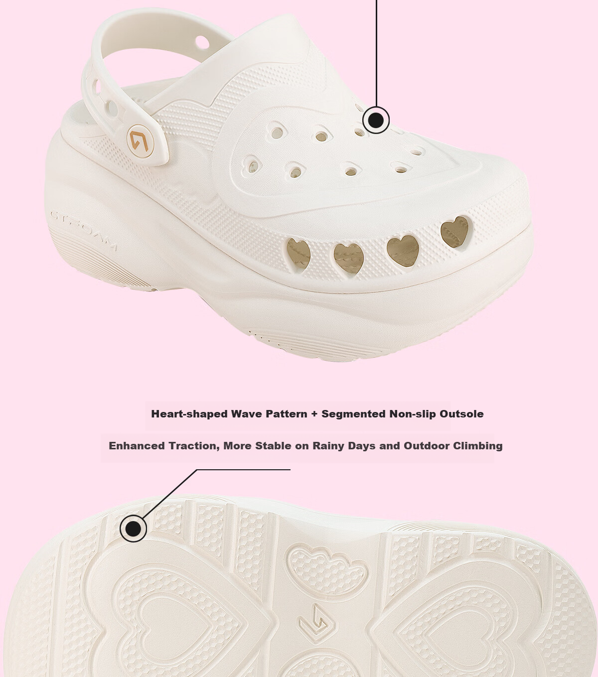 GOTO Women's Summer Peach Heart Hollow Sandals 6cm Height Increase Non-Slip Cloud Support Elastic Beach Slippers 8