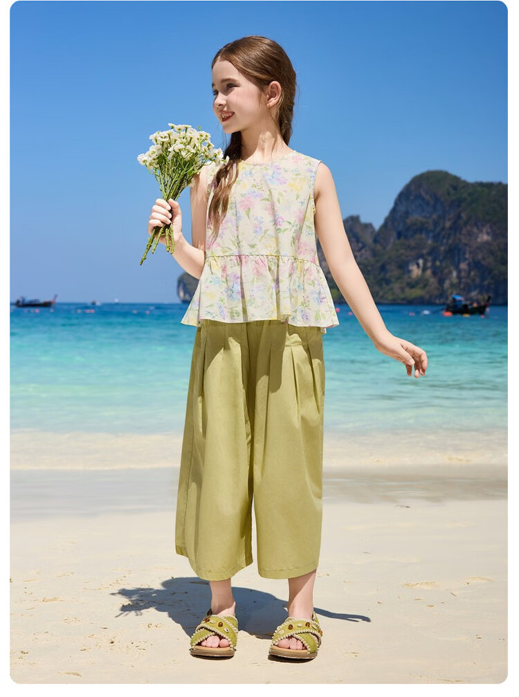 ASK JUNIOR 2026 Summer Kids Sleeveless Floral Top and Lantern Pants Set for Girls 17