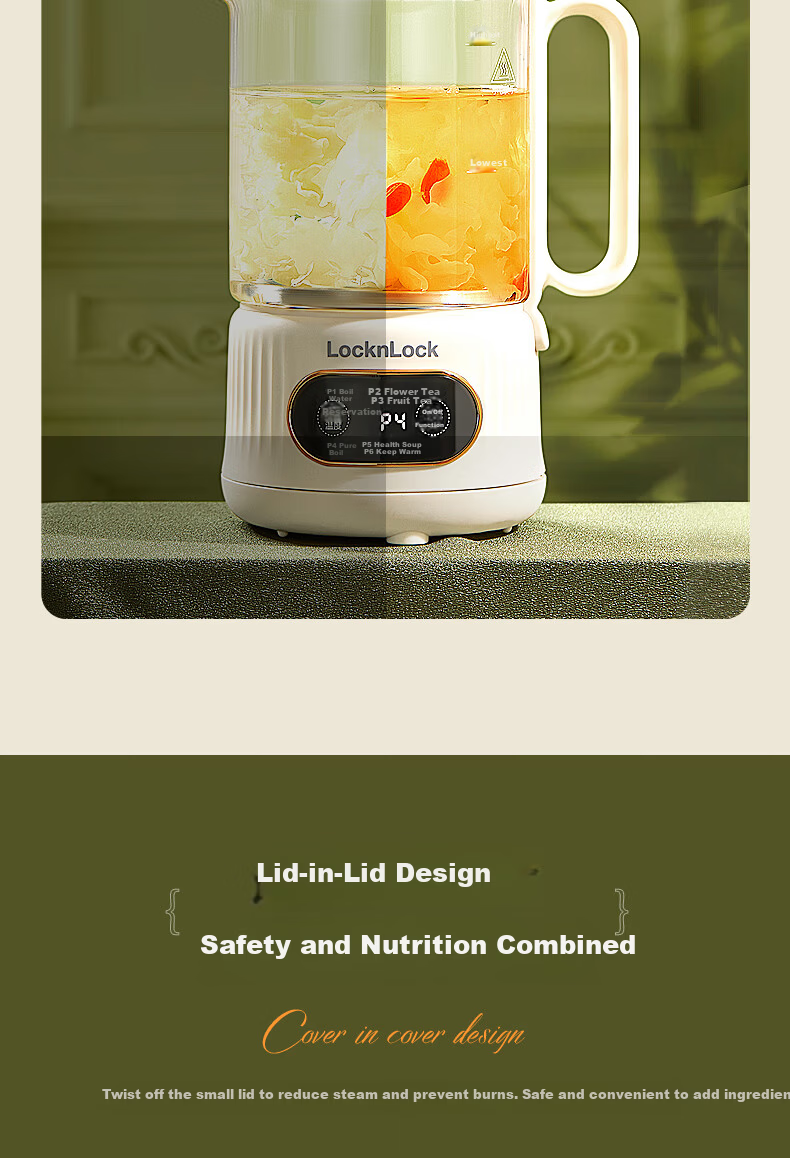 LOCK&LOCK Glass Health Pot Temperature Control Portable Electric Kettle Desktop Electric Stew Cup Office Heating Kettle EJK3495GRN 15
