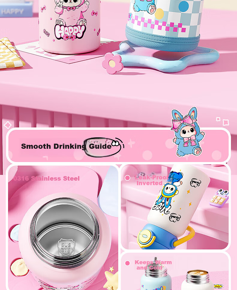 Licheers Kids Insulated Water Bottle for Ages 3-6-12, Student Thermos Cup, Kindergarten Insulated Water Flask, Baby Drinking Thermos Bottle 2