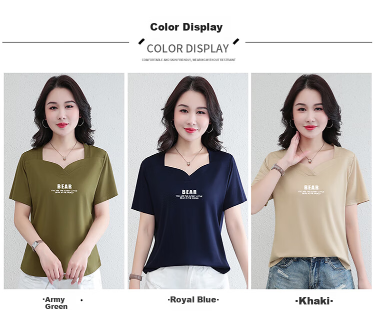 Woodpecker Ice Silk Short Sleeve T-Shirt Women Summer New Middle-Aged Thin Slim Casual Half Sleeve Top Royal Blue 3XL 8