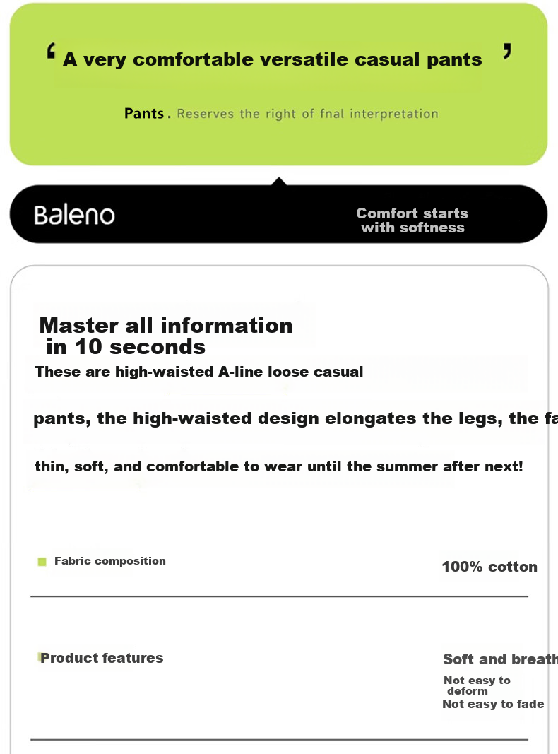 Baleno Women's Summer New Pure Cotton Loose Casual Sports Shorts Elastic Waist Slim Straight Five-Point Pants 3