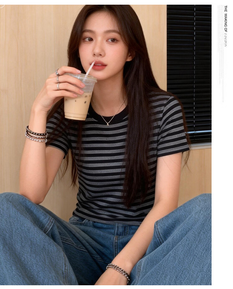 Yiershuang Women's Summer Base Layer T-Shirt, Lyocell Tencel Thin Striped Slimming Short Sleeve Top 20