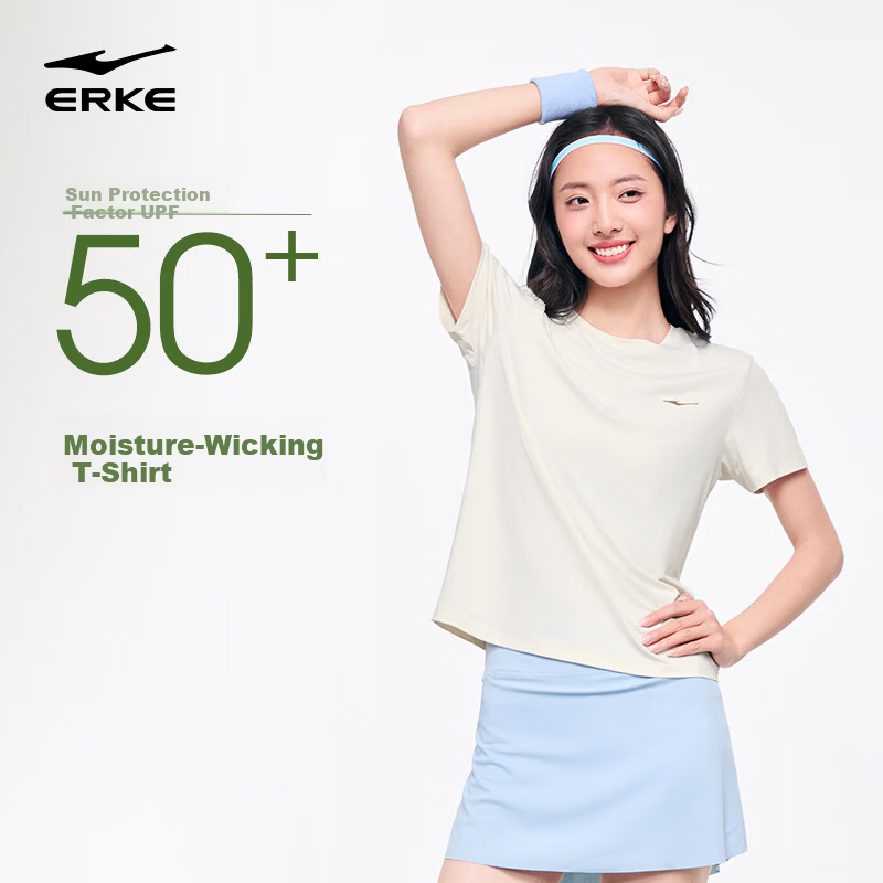 Erke Women's Sun Protection T-Shirt Short Sleeve Summer New Round Neck Moisture-Wicking Base Running Shirt Solid Color Top