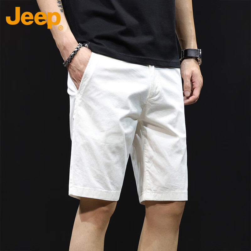 JEEP Men's Summer White Straight Casual Loose Fit Five-Point Shorts White 29