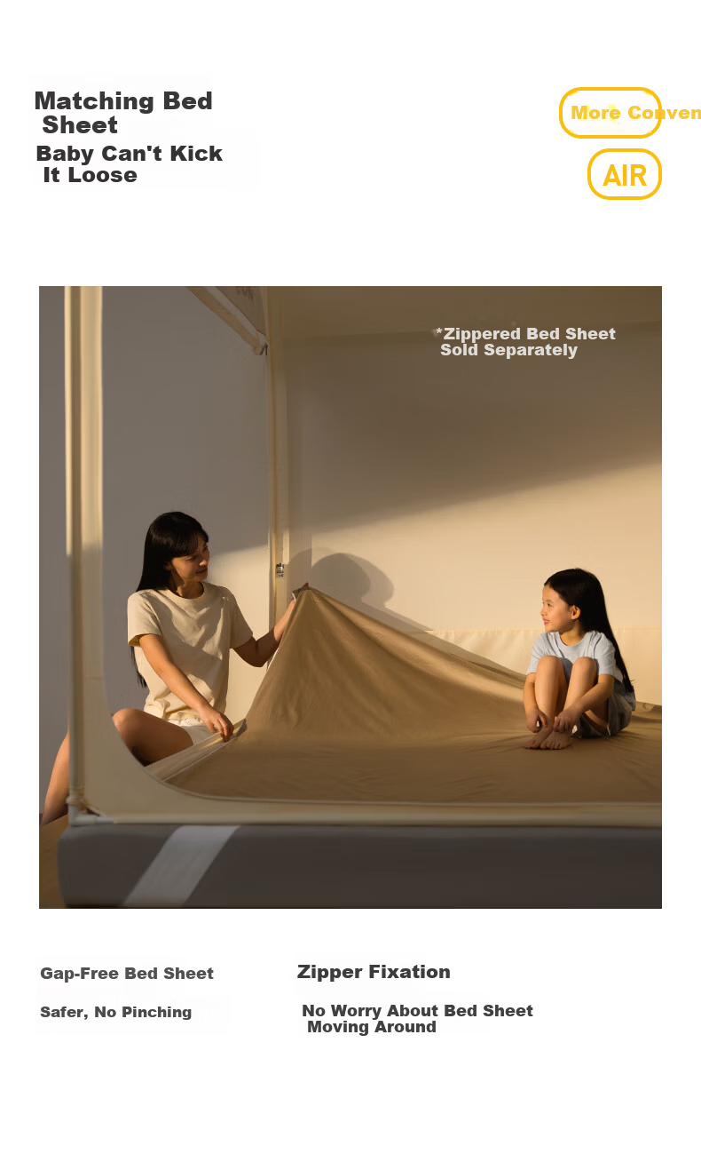MEDOGA [Air2] Baby And Child Anti-Fall Mosquito Net, 1.8x2 Meters, Home Use Fence, Light Beige [Threaded Tee + Strap] 27