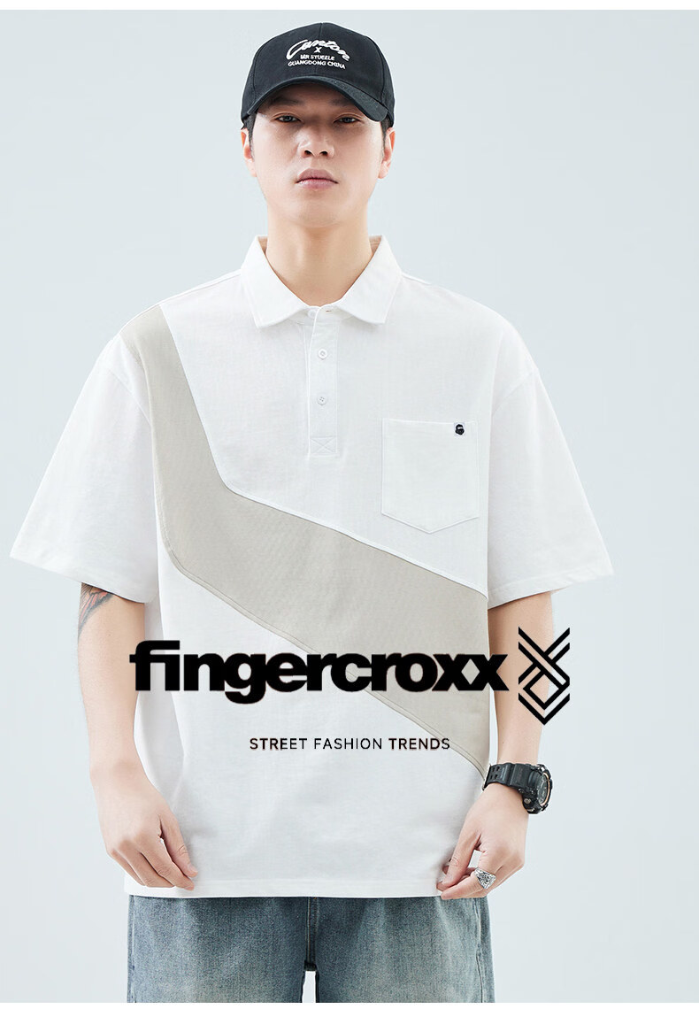 Fingercroxx American Style Patchwork Short Sleeve Polo Shirt Men Summer Loose Fit Casual Lapel Top Black M 4