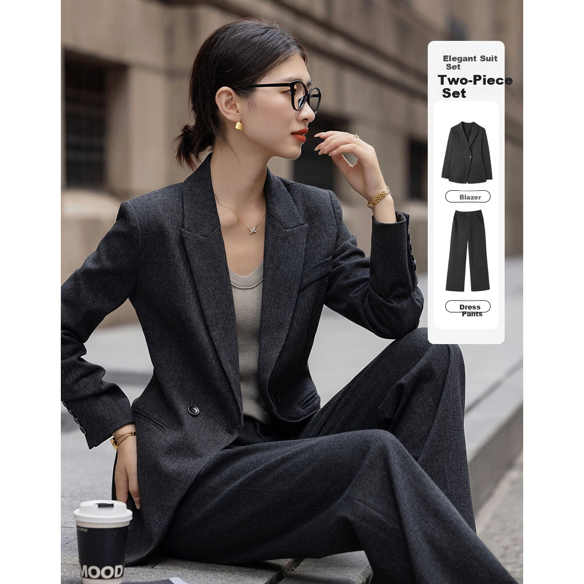 Demana Smart Elite Set Spring Autumn Notched Lapel Padded Shoulder Waist-Slimming Blazer and Slim Fit Trousers Women's Two-Piece Set