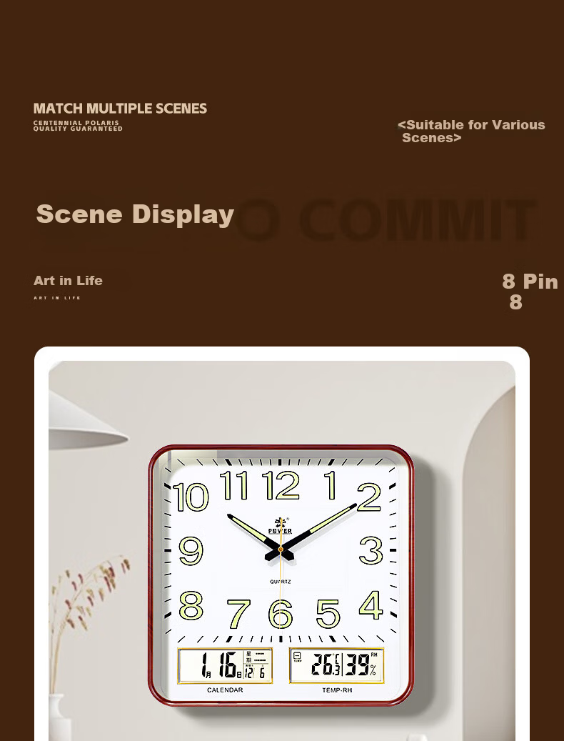 POWER Bawang Wall Clock Luminous Living Room Perpetual Calendar Square Quartz Wall Clock 37cm Wood Grain Color 25