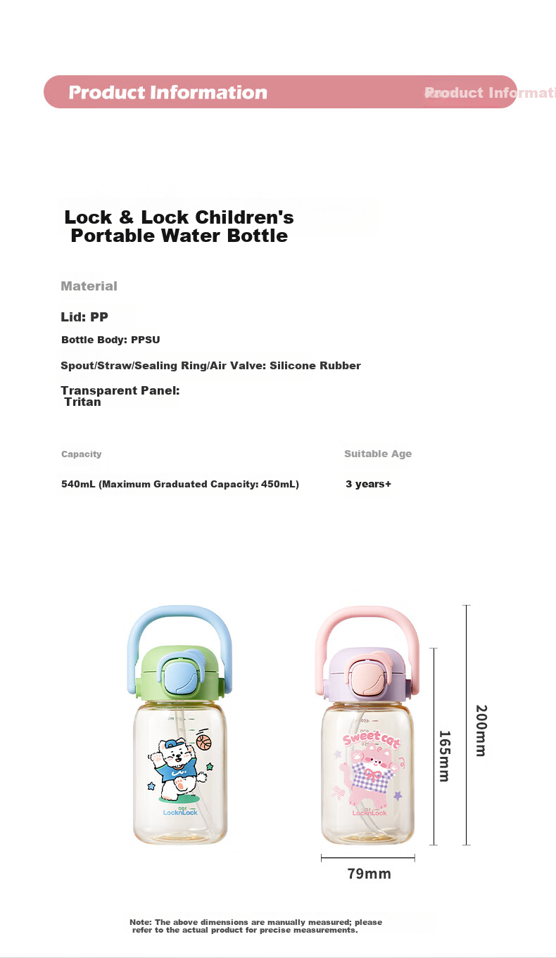 Lock&Lock Straw Cup Children's Water Bottle 3-6 Years Old Direct Drinking Cup Kindergarten Baby Drinking Cup PPSU Portable Outdoor Water Bottle 12