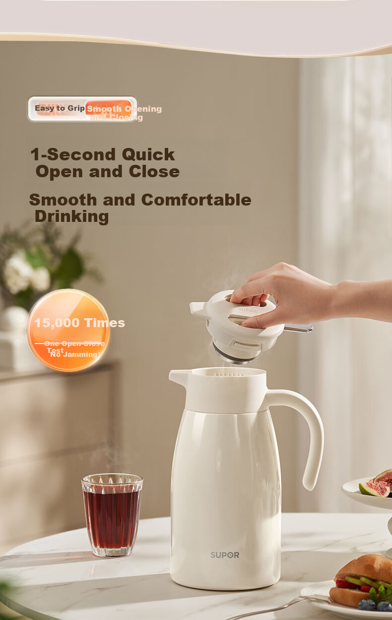 Supor 316L Stainless Steel Insulated Thermos Flask 2L Cream White Large Capacity Home Office Hot Water Bottle 8