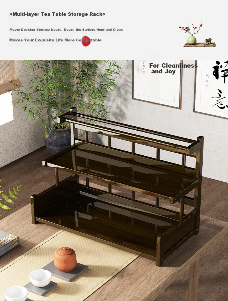 Wo Jia Tea Set Storage Rack Desktop Small Antique Display Shelf Tea Table Tea Cabinet Tea Rack Tea Leaf and Tea Cup Holder Organizer 11