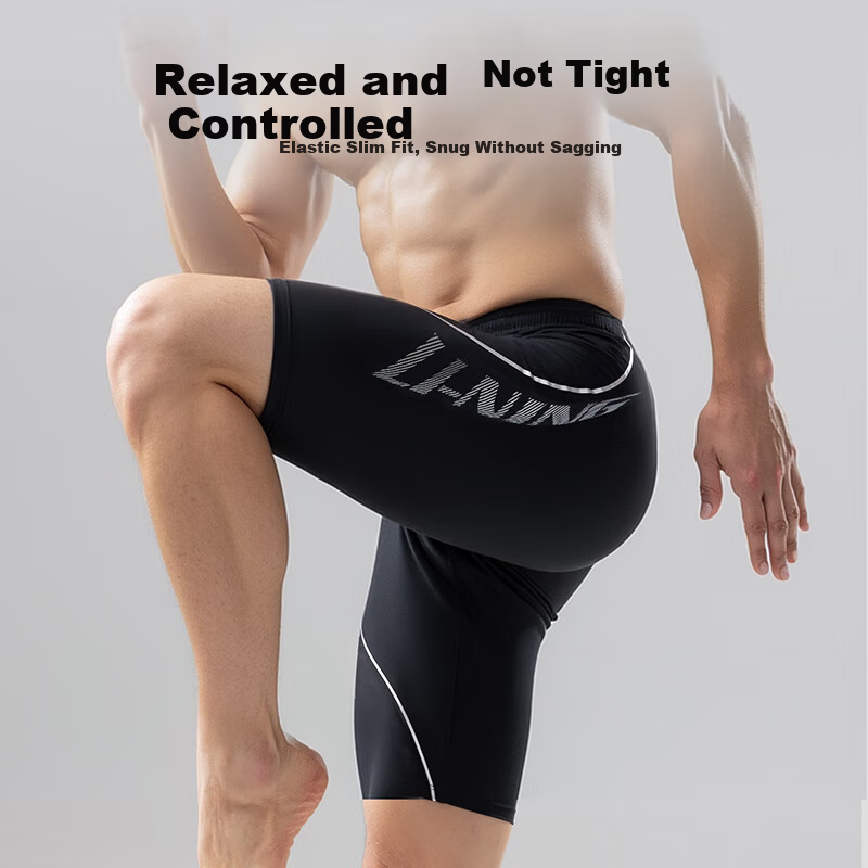 LI-NING Men's Swim Trunks Five-Point Knee-Length Comfortable Fitness Swimming Shorts Hot Spring Vacation Casual Swimwear Black 3XL