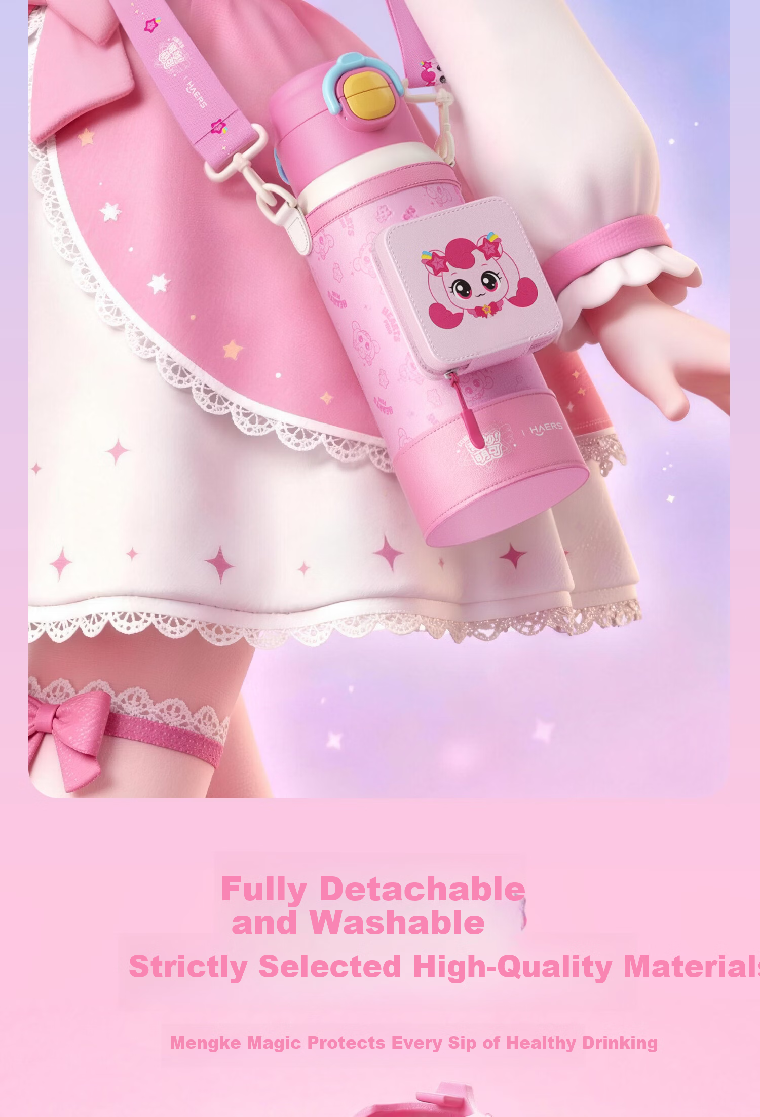 HAERS Cute Kids Insulated Straw Water Bottle Portable School Cup for Girls Pink 600ml 11