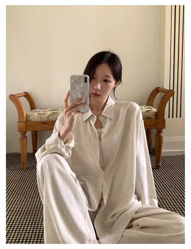 ICH MODE "Bangkok Holiday" Linen Shirt Women Lazy Style Physical Sun Protection Long Sleeve Shirt Linen Color L 27