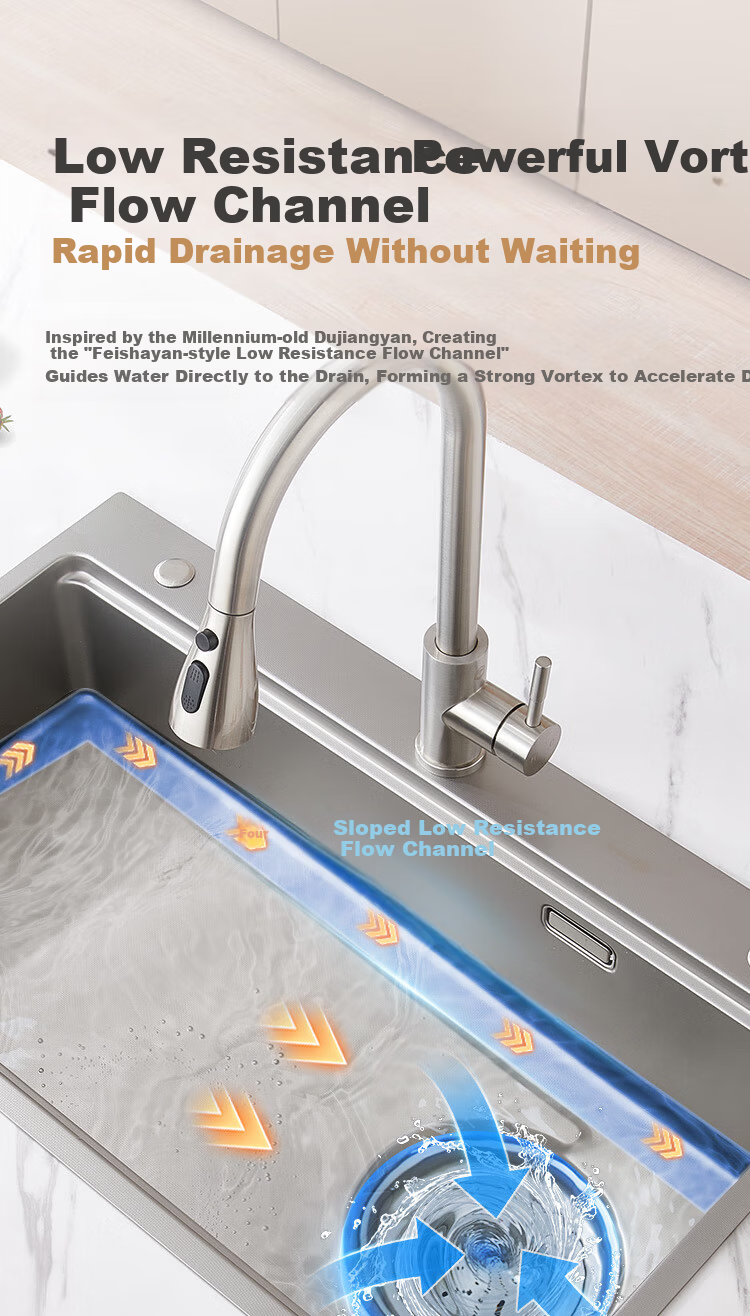JD Premium Thickened 304 Stainless Steel Grain Texture Nano Kitchen Sink Single Basin 76*46 with Faucet 14
