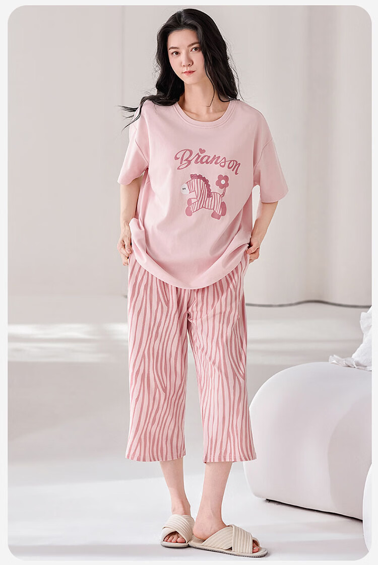 Langsha Women's Summer Pajamas 100% Cotton with Built-in Bra Short Sleeve and Capri Pants Homewear Set New Apricot Little Elephant 23