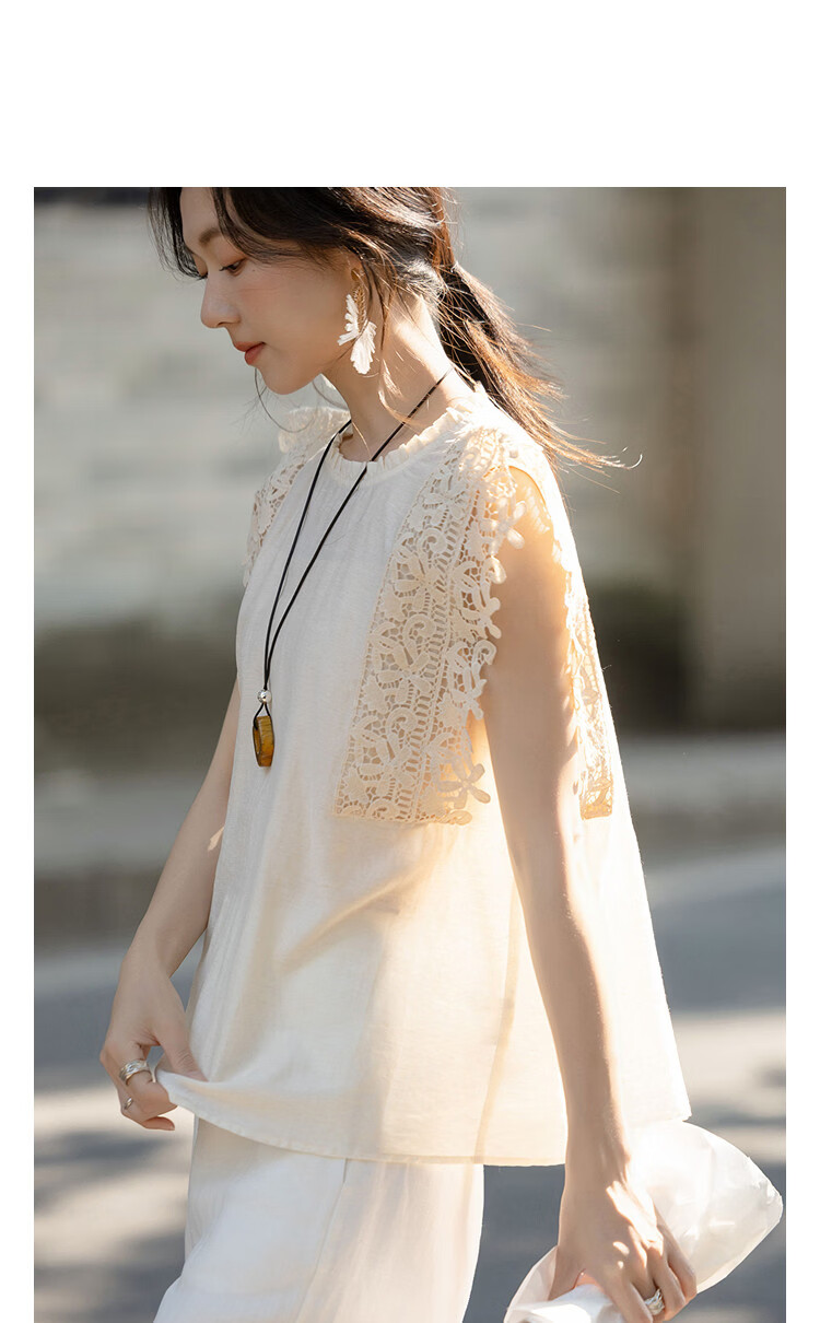 Demana Summer Sleeveless Loose Slimming Shirt with Flax and Ruffled Round Neck Lace Trim for Women Premium 14