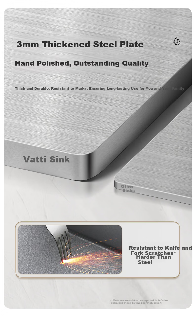 VATTI Kitchen Sink S3Pro Large Single Bowl Integrated Basin Dishwasher Sink Countertop Mid-Bottom Installation 304 Stainless Steel 11
