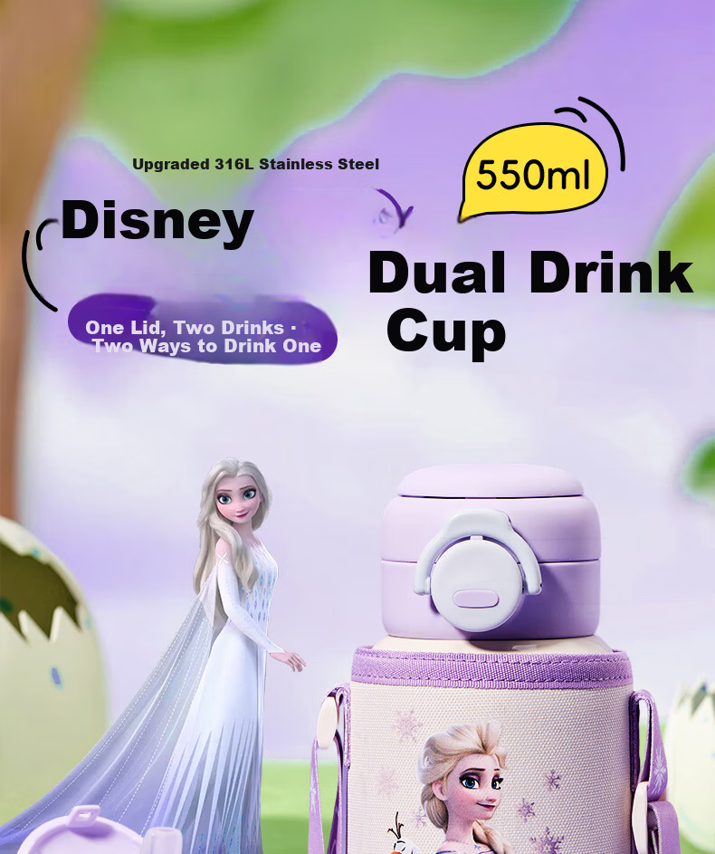 Disney Kids Insulated Double-Drink Straw 316L Large Capacity Water Bottle Portable Drinking Cup for Kindergarten Boys and Girls Elementary Students 1
