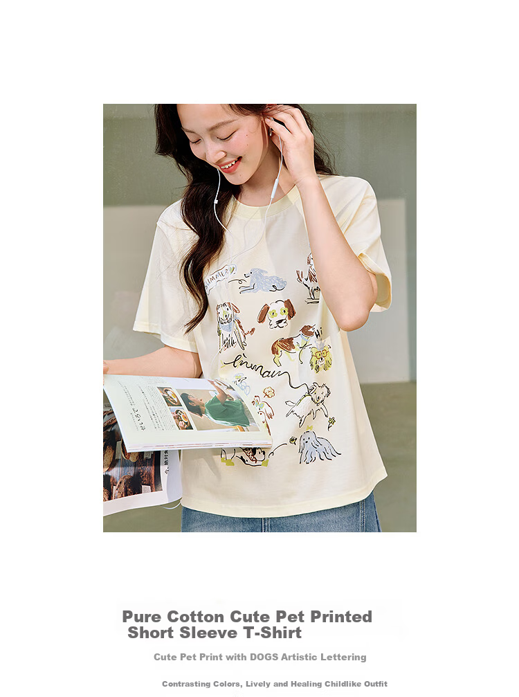 INMAN [Same As in Show] Cotton Cat Print Round Neck Short Sleeve T-Shirt for Women, Summer 2026 Top, Off-White, Size S 1