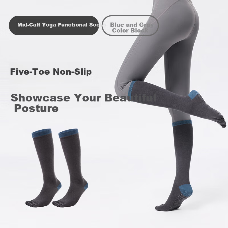 Keep Mid-Calf Yoga Socks Five-Toe Non-Slip Finger Separation for Women Indoor Floor Sports Dance Pilates Blue Gray