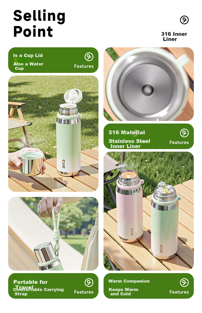 Cille Large Capacity Insulated Mug, 316L Stainless Steel Water Bottle for Men And Women, Outdoor Student Tea Cup, Soft Pink 630ml 3