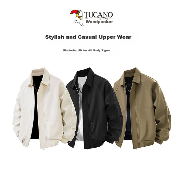 TUCANO Men's Spring Autumn Lapel Jacket Loose Casual Trendy American Style Black 3XL 1