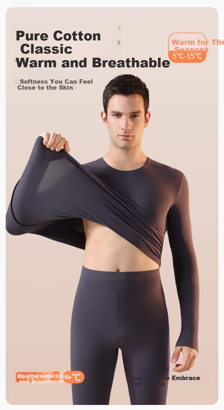 LangSha Men's Thermal Underwear Pure Cotton Set Antibacterial Mite-Resistant Heating Autumn Winter Crew Neck Base Layer Top and Bottom 1
