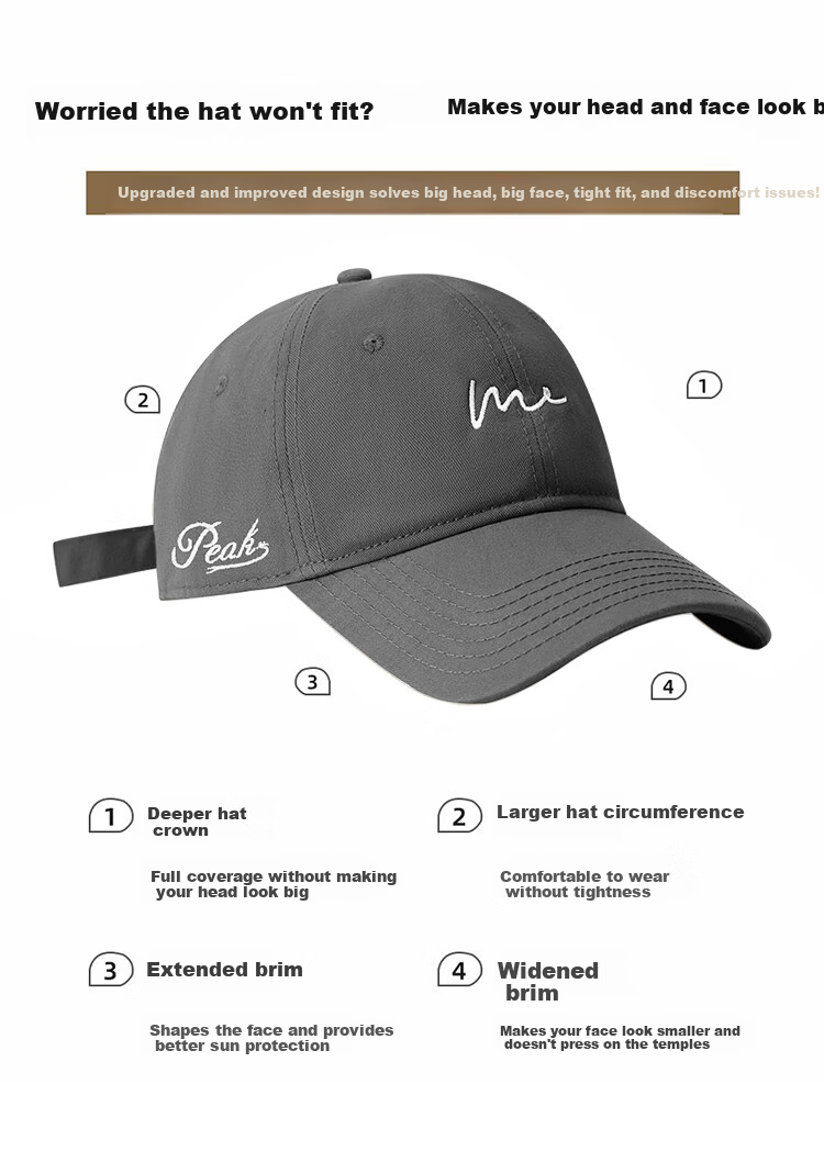 Peak Summer Sports Cap Fashion Simple Curved Brim Large Head Circumference Baseball Cap Sun Protection Embroidered Duckbill Hat 5
