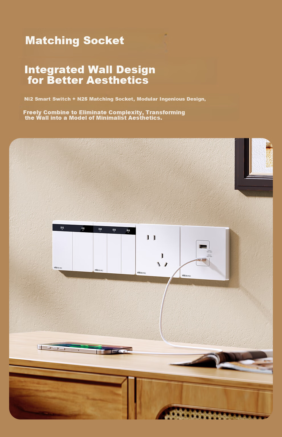 NVC Lighting Electrical Switch Socket Screen Display Smart Switch Compatible with Mijia Customizable Button Names Zero Fire Double Key White 12